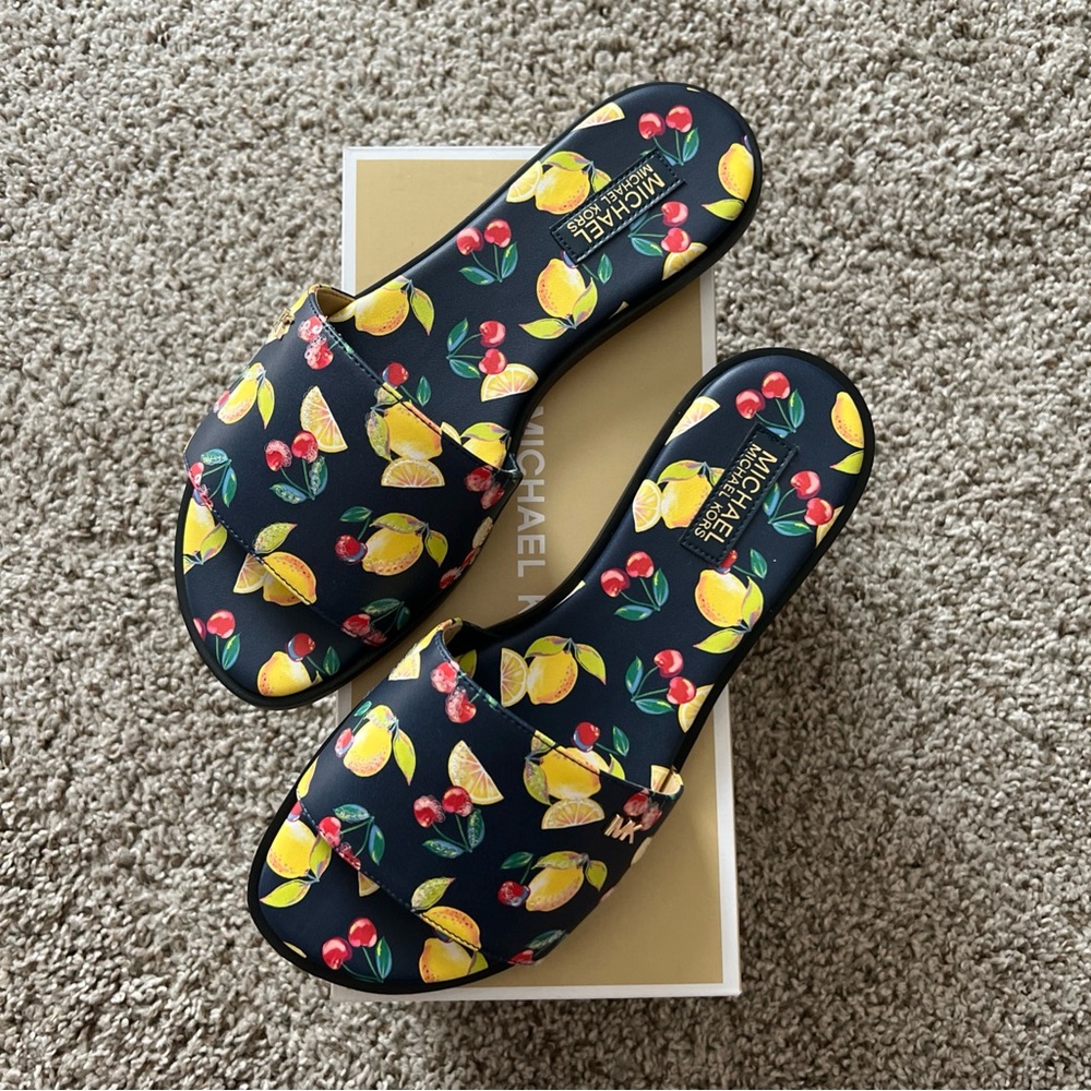 Michael Kors Navy Multicolored Fruit Paint Print Sequined Slide Sandals